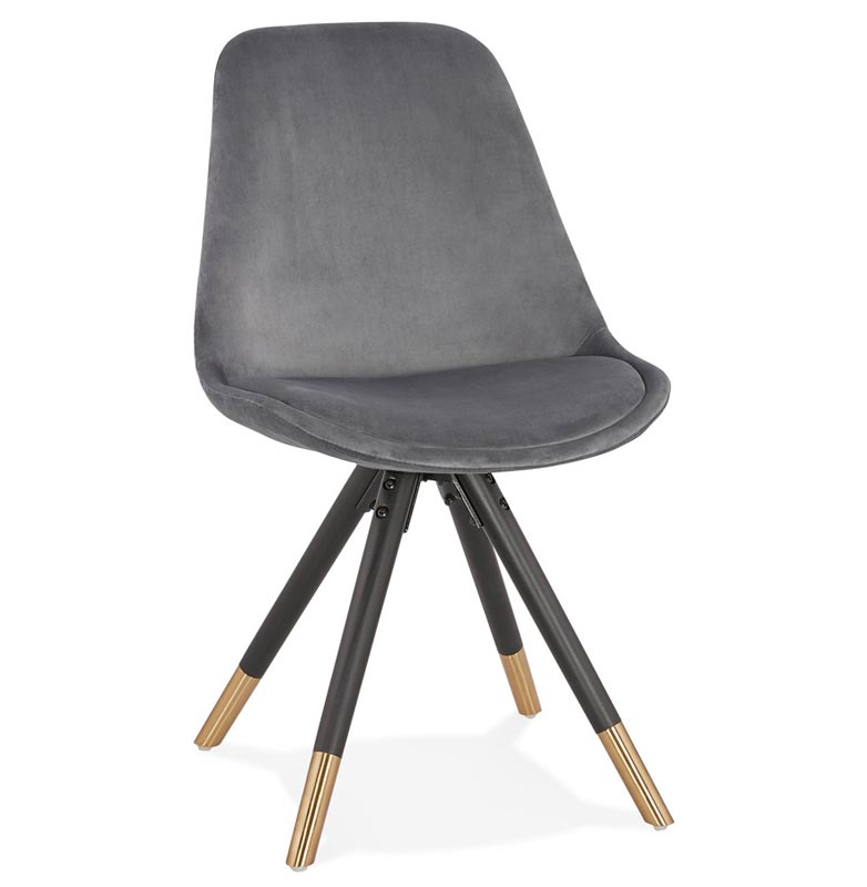 Chaise design 'Modena' en velours grise avec 4 pieds en bois noir et métal brossé doré