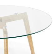 Table basse scandinave ronde 'Kölmy' plateau en verre 3 pieds en bois – Ø 90 cm