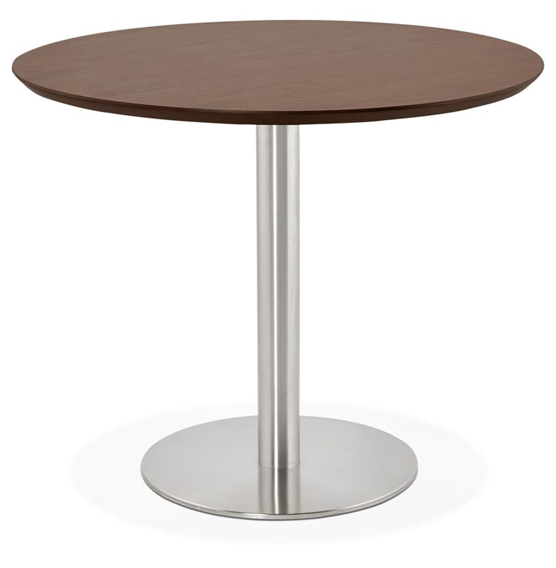 Petite table / table de réunion ronde 'Elea' plateau noyer pied central acier brossé - Ø 90 cm