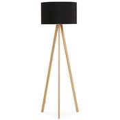 Lampadaire trpied scandinave 'Sttiv' abat-jour en tissu noir 3 pieds en bois naturel