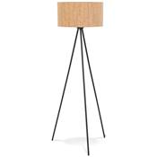 Lampadaire trépied scandinave 'SUGHERO' avec abat-jour en liège naturel et 3 pieds en métal noir