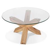 Table basse ronde 'FAST GLAS' plateau en verre trempé transparent 4 pieds bois massif ciré - Ø 80 cm