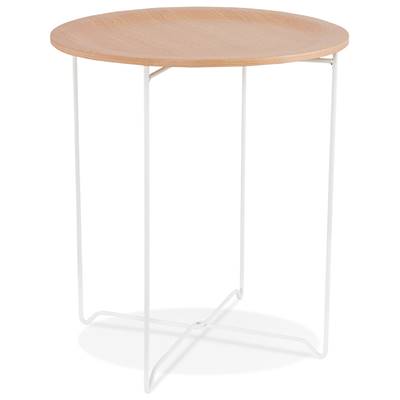 Table d'appoint guéridon design industriel 'METALLISK' bois naturel 4 pieds métal blanc - Ø 45 cm