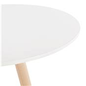 Table de bar haute design ronde 'ASTER' en bois blanc avec 4 pieds en bois naturel et métal chromé