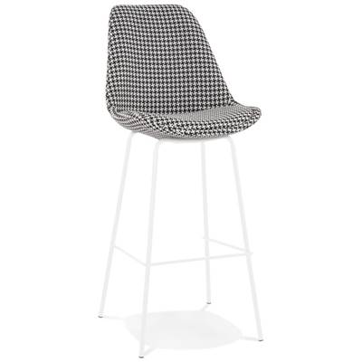 Tabouret de bar 'KESKI' en tissu pied de poule 4 pieds et repose pieds en métal blanc dossier haut