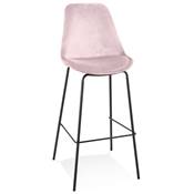 Tabouret de bar 'KESKI' en velours rose 4 pieds et repose pieds en métal noir dossier haut