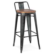 Tabouret de bar design industriel carré 'METALLO' assise bois avec dossier 4 pieds métal gris foncé