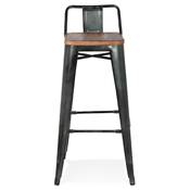 Tabouret de bar design industriel carré 'METALLO' assise bois avec dossier 4 pieds métal gris foncé