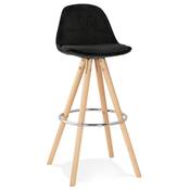 Tabouret bar scandinave 'CIRCLE' velours noir 4 pieds bois naturel repose pieds chromé dossier haut
