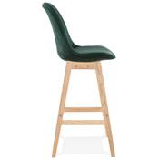 Tabouret de bar design scandinave 'CHAIRMAN' en velours vert 4 pieds en bois naturel et dossier haut