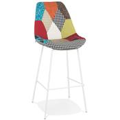 Tabouret de bar 'KESKI' tissu patchwork multicolor 4 pieds et repose pieds métal blanc dossier haut