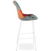 Tabouret de bar 'KESKI' tissu patchwork multicolor 4 pieds et repose pieds métal blanc dossier haut
