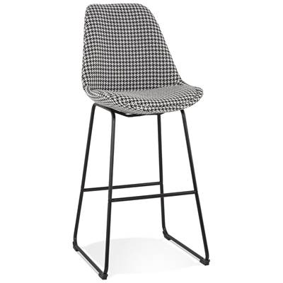 Tabouret de bar design 'GUSTO' en tissu pied de poule avec pieds tréteaux en métal noir dossier haut