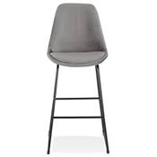 Tabouret de bar 'GUSTO' en velours gris pieds tréteaux et repose pieds en métal noir dossier haut
