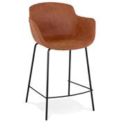 Tabouret snack mi-hauteur accoudoirs 'CARINO MINI' microfibre marron 4 pieds métal noir dossier haut