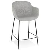 Tabouret snack mi-hauteur accoudoirs 'CARINO MINI' tissu gris clair 4 pieds métal noir dossier haut
