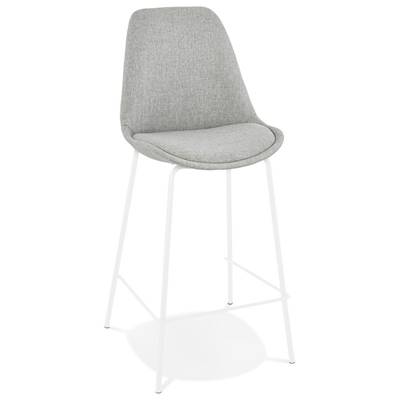 Tabouret de snack mi-hauteur design 'KESKI MINI' tissu gris clair 4 pieds métal blanc dossier haut