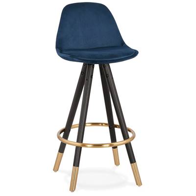 Tabouret snack mi-hauteur 'MODEN MINI' velours bleu 4 pieds bois noir pieds métal doré dossier haut