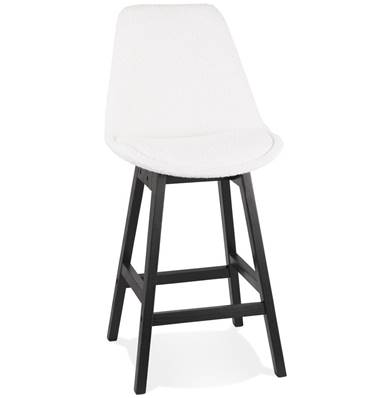 Tabouret de snack mi-hauteur design scandinave 'Chairman Mini Black Edition' tissu bouclé blanc avec 4 pieds en bois noir et dossier haut