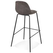Tabouret de bar design moderne 'Tekno' en microfibre grise 4 pieds en métal noir et dossier haut