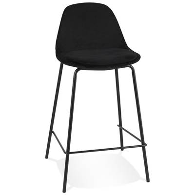Tabouret snack mi-hauteur style baroque 'Tekno Mini' en velours noir 4 pieds métal noir dossier haut