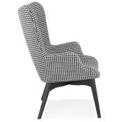 Fauteuil à oreilles design capitonné design 'ELEGAN' en tissu pied de poule pieds en bois noir