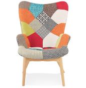 Fauteuil à oreilles scandinave design 'ELEGAN' en tissu patchwork multicolore pieds en bois naturel