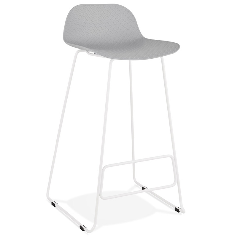 Tabouret de bar design 'Steel' gris pieds tréteaux et repose pieds en métal blanc et dossier bas