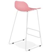 Tabouret de bar design 'Steel' rose pieds tréteaux et repose pieds en métal blanc et dossier bas