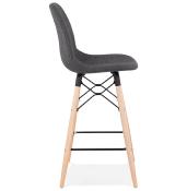 Tabouret snack mi-hauteur scandinave 'Verkwood Mini' tissu gris foncé 4 pieds bois dossier haut