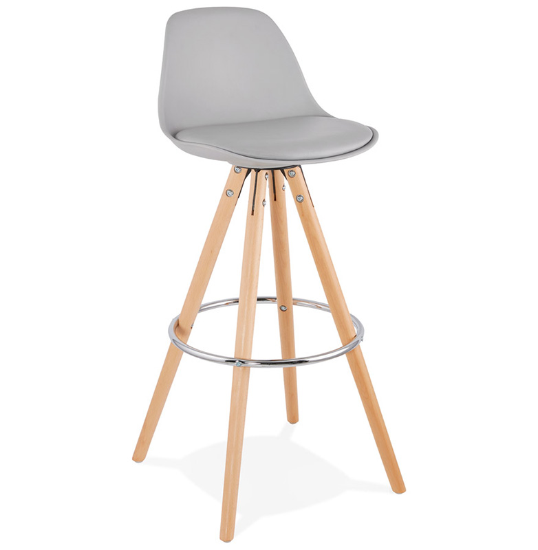 Tabouret de bar design scandinave 'Circle' gris 4 pieds bois repose pieds métal chromé dossier haut