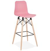 Tabouret de bar scandinave 'Slakwood' rose 4 pieds bois et repose pieds en métal noir dossier haut