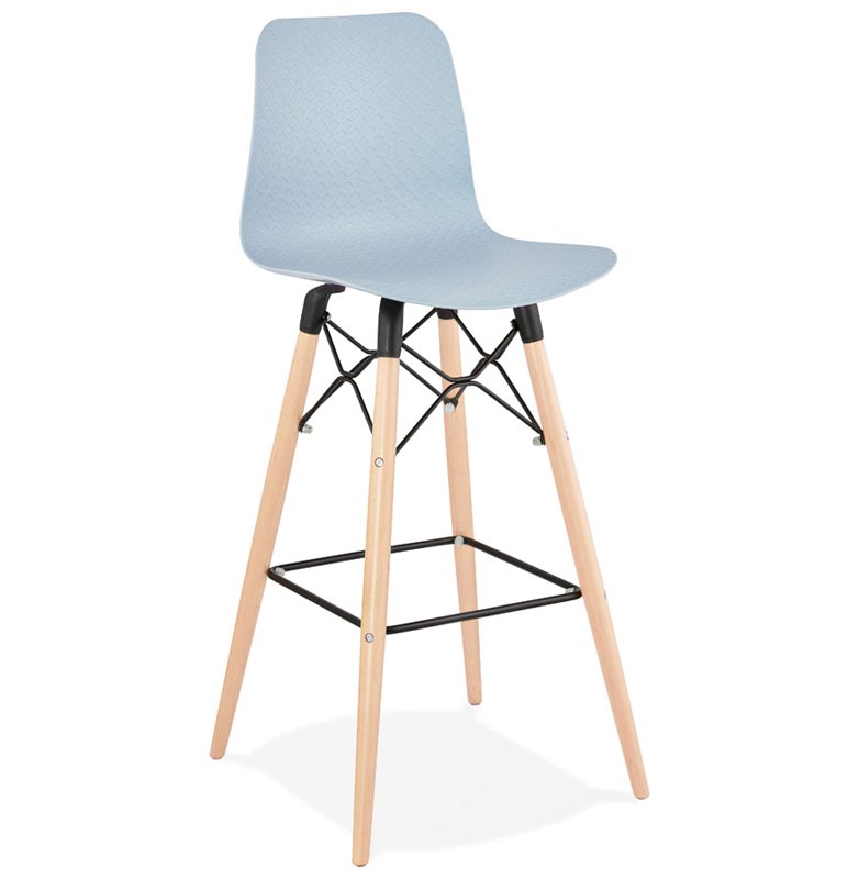 Tabouret de bar scandinave 'Slakwood' bleu 4 pieds bois et repose pieds en métal noir dossier haut