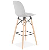 Tabouret de bar scandinave 'Verkwood' tissu gris clair 4 pieds bois repose pieds métal noir dossier haut