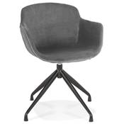 Chaise design à accoudoirs 'TICKY' en velours gris avec 4 pied en métal noir