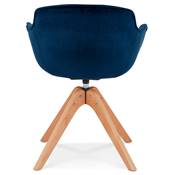 Chaise design de style scandinave à accoudoirs 'VOGAN' en velours bleu avec 4 pieds en bois naturel