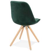 Chaise design 'Firenza' en velours verte avec 4 pieds en bois naturel