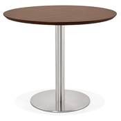 Petite table à diner / de bureau ronde 'Elea' plateau noyer pied central acier brossé - Ø 90 cm