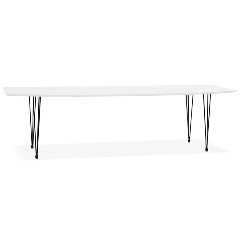 Table / table de réunion extensible 'Rym' blanche bois mat 4 pieds en métal noir - 170(270) x 100 cm