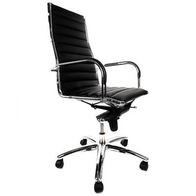 Fauteuil de bureau design à roulettes et dossier haut 'GREATERS' noir avec pieds en métal chromé
