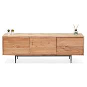 Meuble TV design 'EXPLOR' en bois d'Acacia naturel 3 portes avec pieds en métal thermolaqué noir