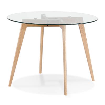 Petite table à diner ronde scandinave 'LITEN' plateau en verre et 4 pieds bois naturel - Ø 100 cm