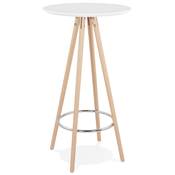 Table de bar haute design ronde 'ASTER' en bois blanc avec 4 pieds en bois naturel et métal chromé