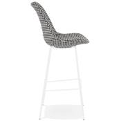Tabouret de bar 'KESKI' en tissu pied de poule 4 pieds et repose pieds en métal blanc dossier haut