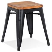 Tabouret bas design de style industriel carré 'FABBRICA' assise en bois avec 4 pieds en métal noir