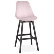 Tabouret de bar design 'CHAIRMAN BLACK EDITION' en velours rose 4 pieds en bois noir dossier haut