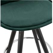 Tabouret de bar 'BLACK CIRCLE' velours vert 4 pieds bois noir repose pieds métal chromé dossier haut