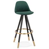 Tabouret de bar 'MODEN' velours vert 4 pieds bois noir repose pieds et pieds métal doré dossier haut