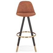 Tabouret de bar 'MODEN' microfibre marron 4 pieds bois noir repose pieds et pieds doré dossier haut