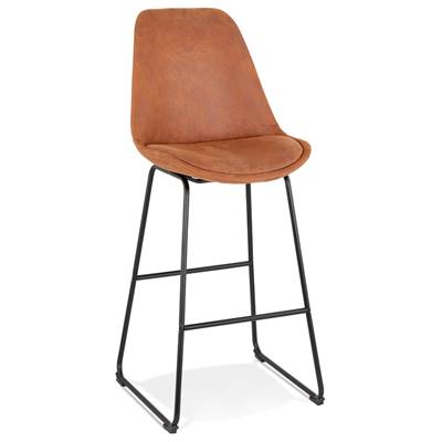 Tabouret de bar 'GUSTO' en microfibre marron pieds tréteaux et repose pieds métal noir dossier haut